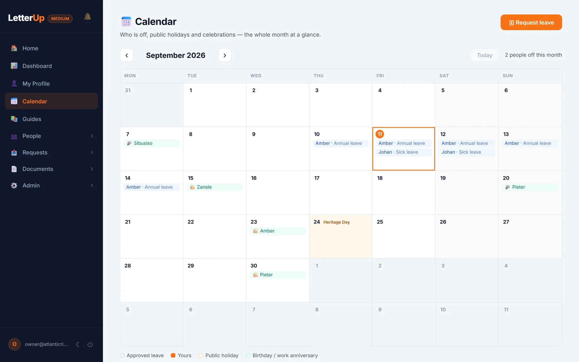 The company calendar for September: approved leave chips per person, Heritage Day marked as a public holiday, and upcoming birthdays