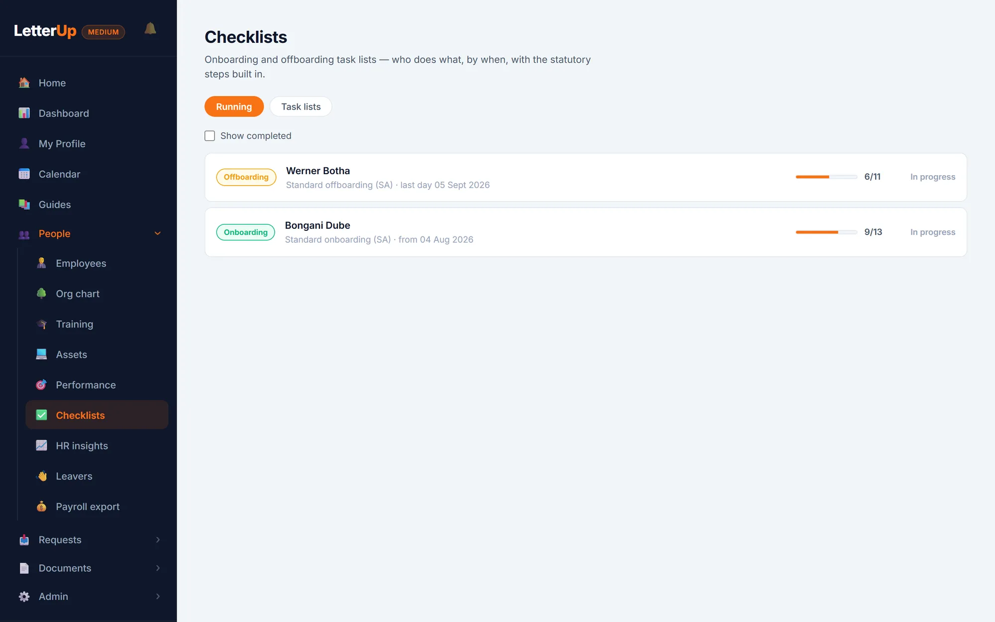 Running checklists: an offboarding at 6 of 11 steps and an onboarding at 9 of 13, each with a progress bar
