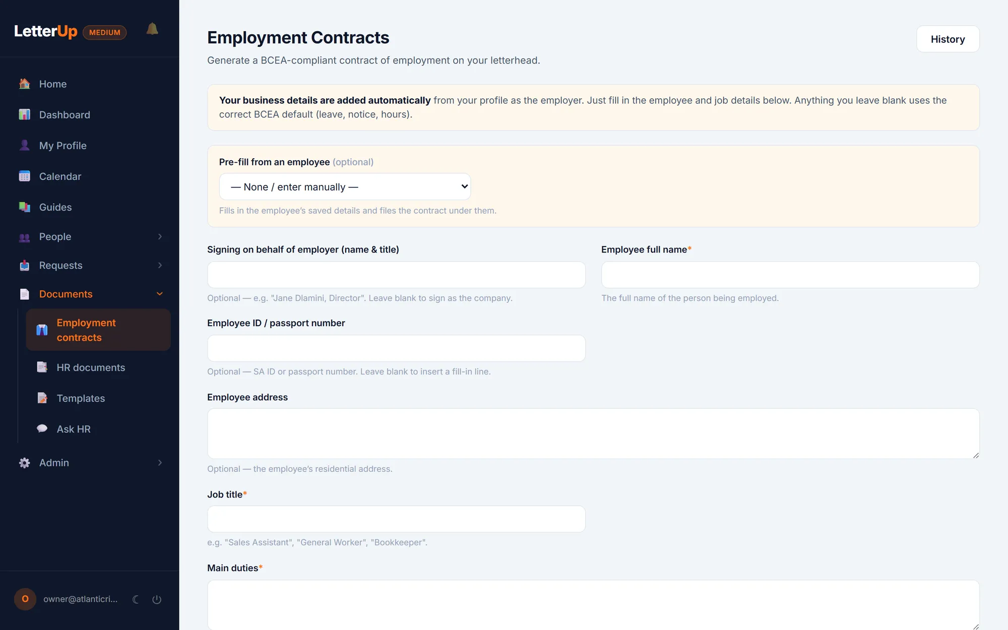 The employment contract form: pick an employee to pre-fill, then the signatory, employee details, job title and duties