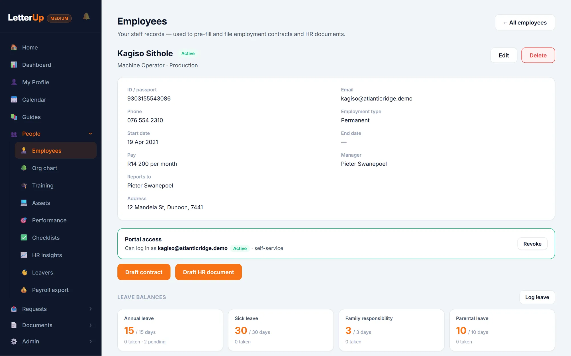 An employee file: ID number, contact details, employment type, start date, pay, manager, portal access, and buttons to draft a contract or HR document