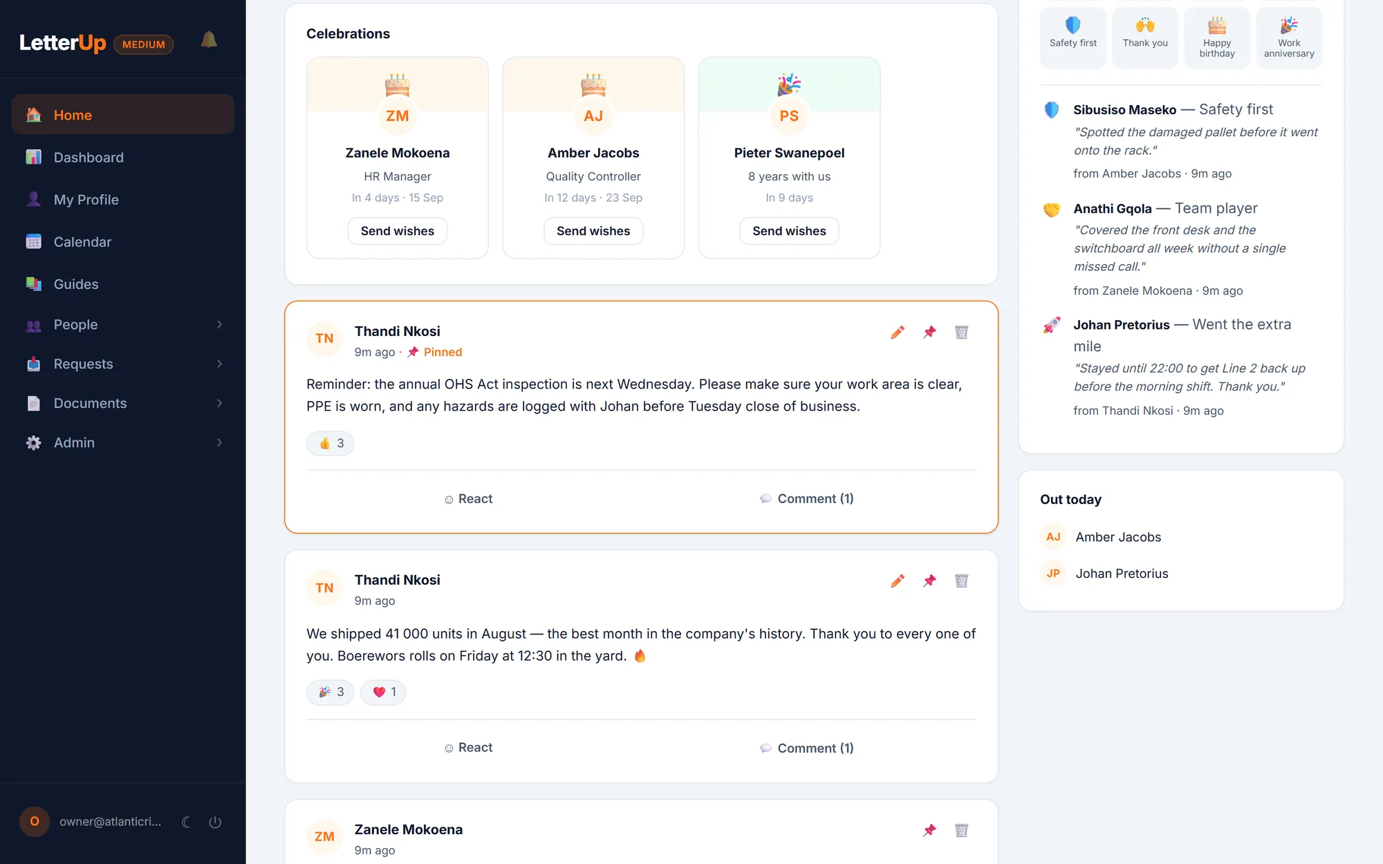The company feed: upcoming celebrations with send-wishes buttons, a pinned OHS inspection notice with reactions and a comment, and the shoutouts rail