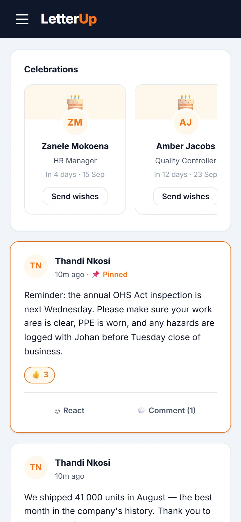 The employee home page on a phone