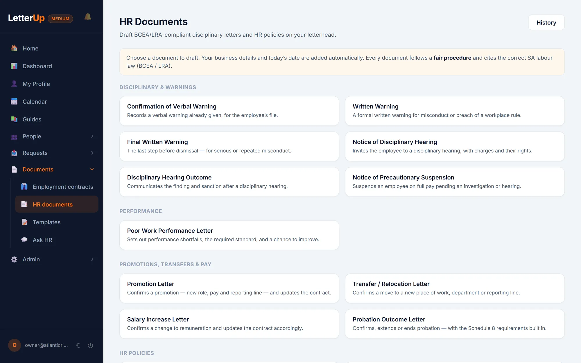 The HR documents picker grouped into disciplinary and warnings, performance, promotions, transfers and pay, and HR policies