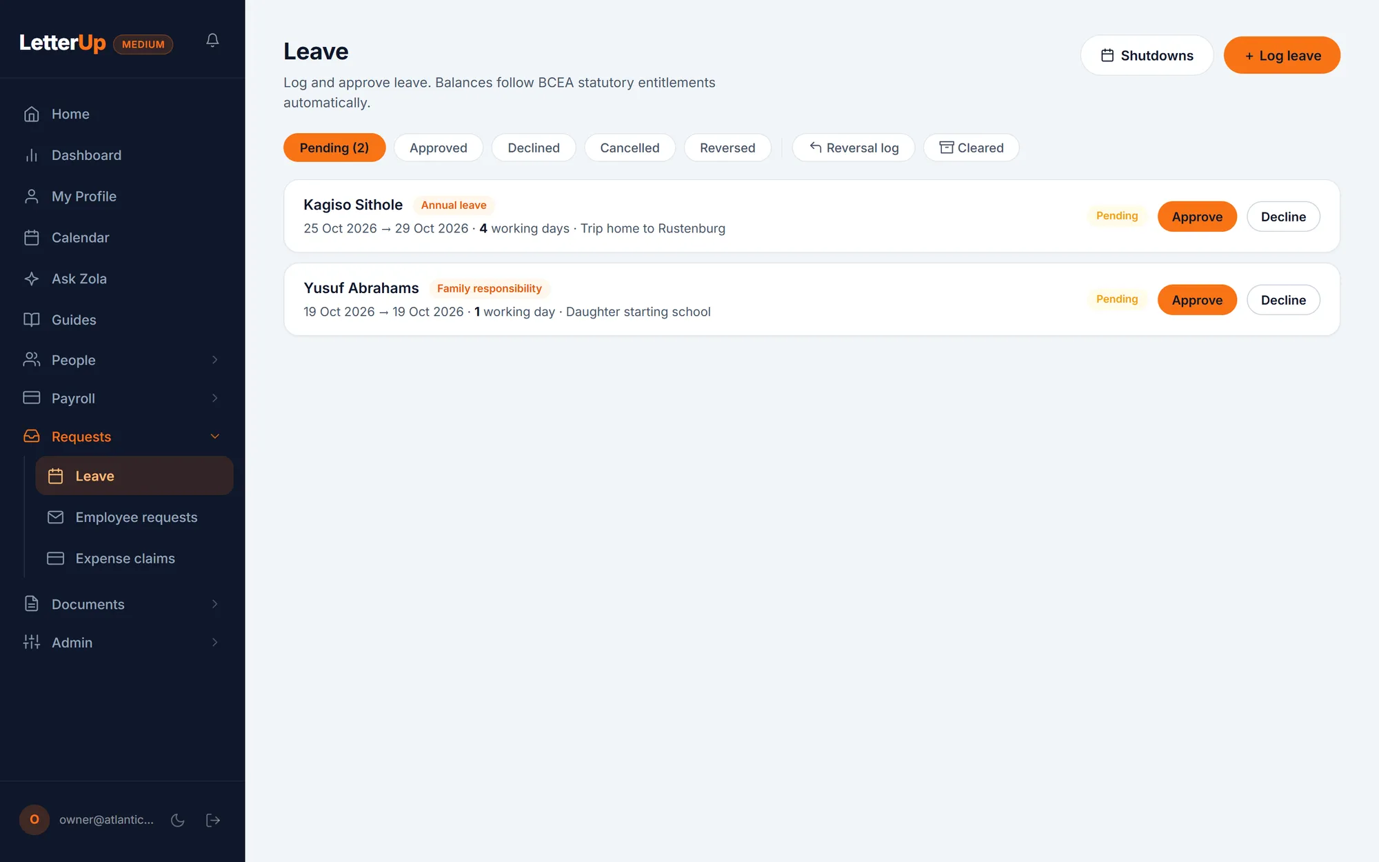 The leave inbox: two requests awaiting approval with working days computed, and filters for approved, declined and reversed leave