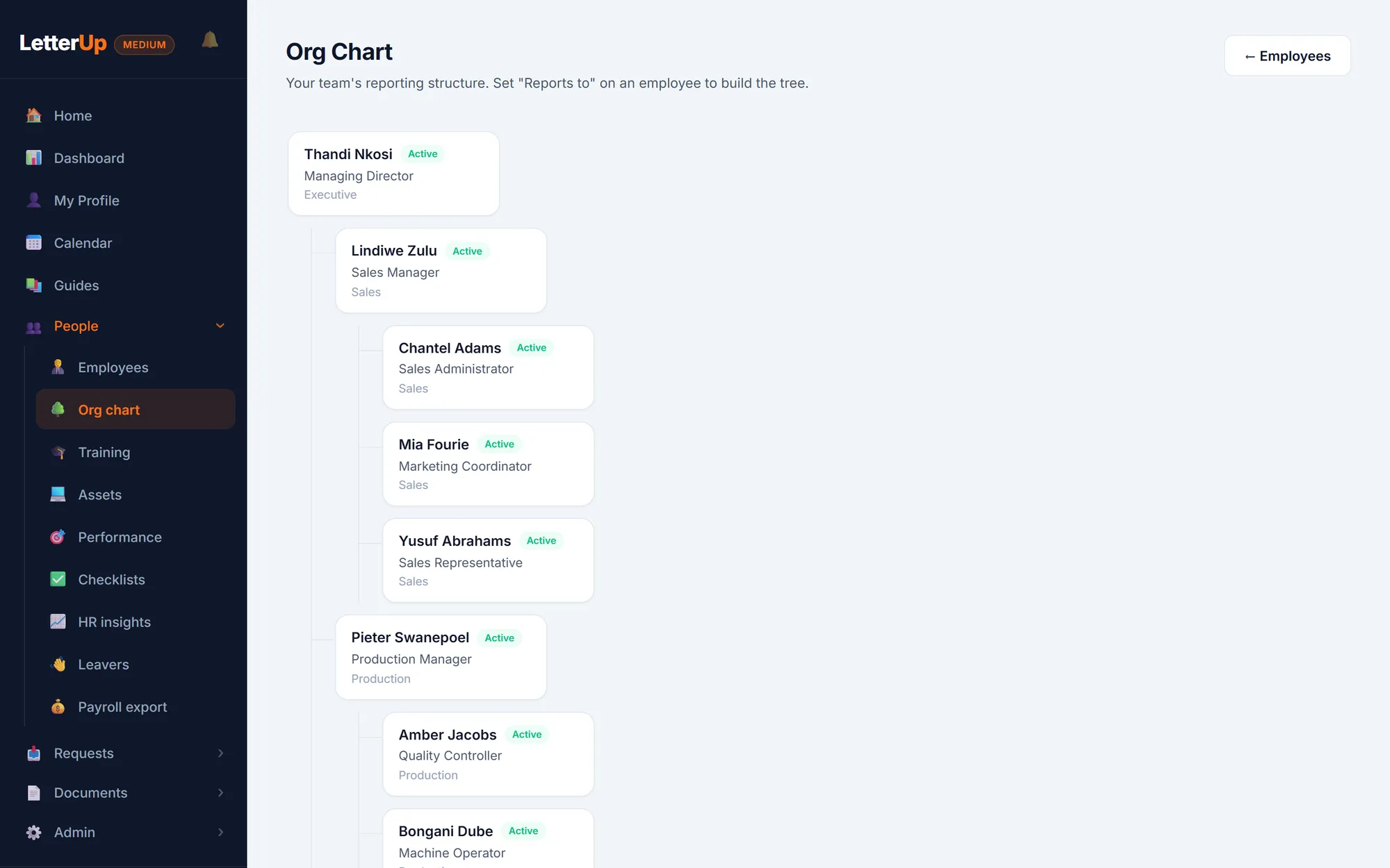 The org chart drawn from reporting lines: managing director, then managers, then their teams