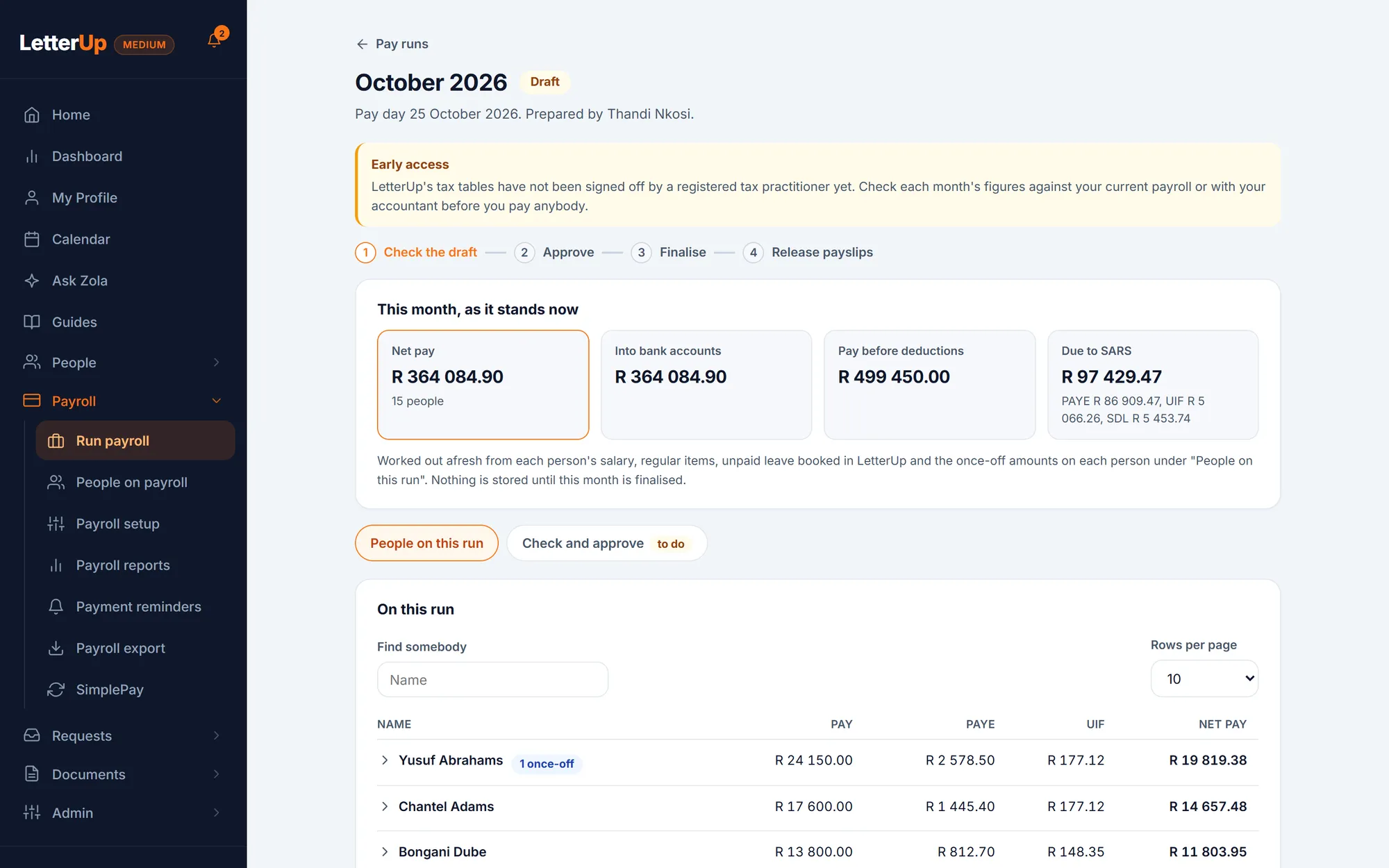 An October pay run for a company of fifteen people: net pay, what goes into bank accounts and what is due to SARS, then each person's pay, PAYE, UIF and net pay