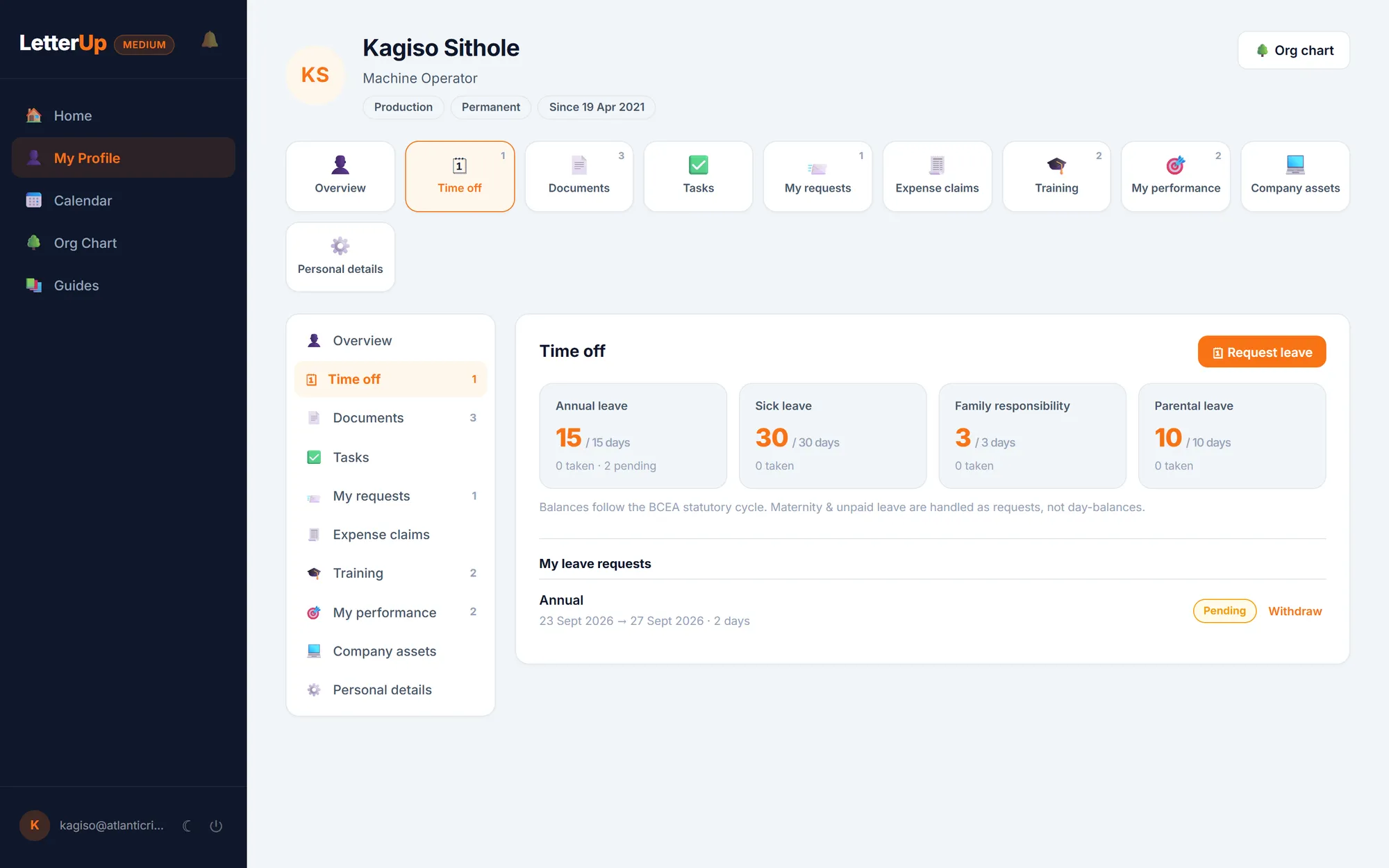 An employee's time-off page: their balances and their own leave requests with status
