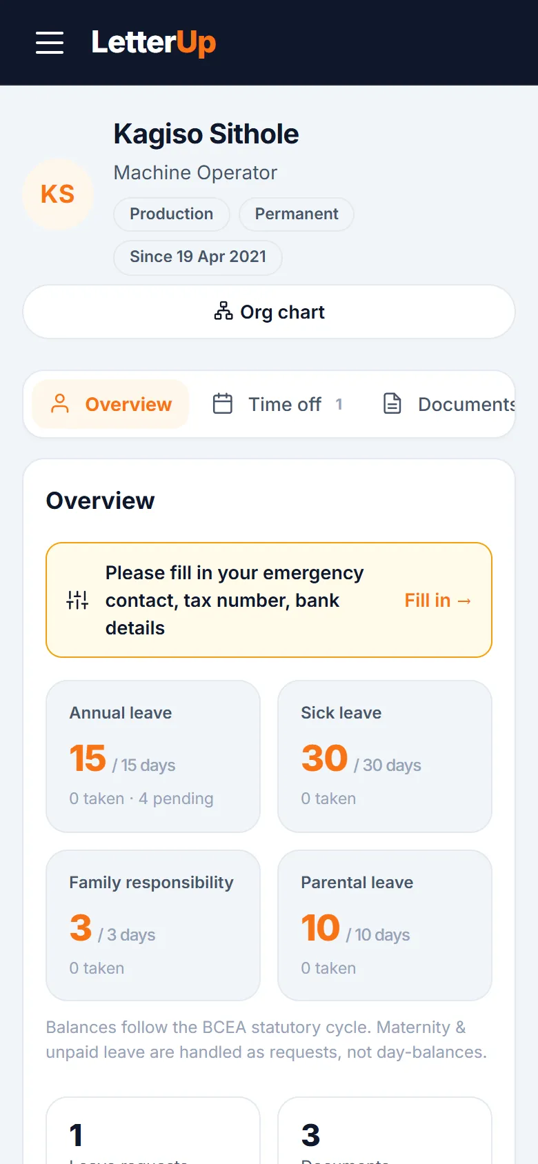 The same employee profile on a phone