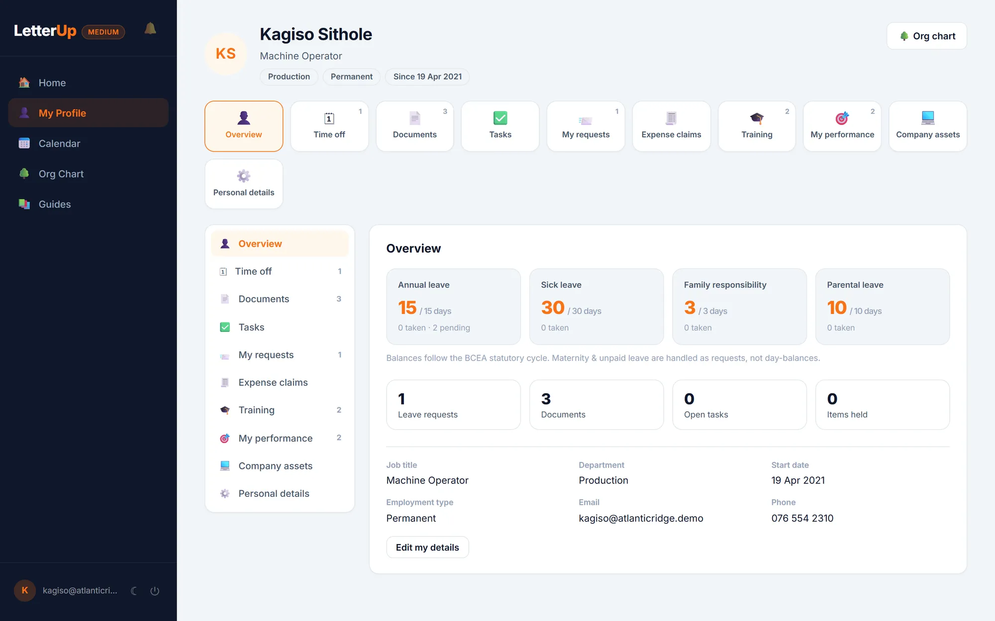 An employee's own profile page with leave balances, documents, tasks, requests, claims, training and assets