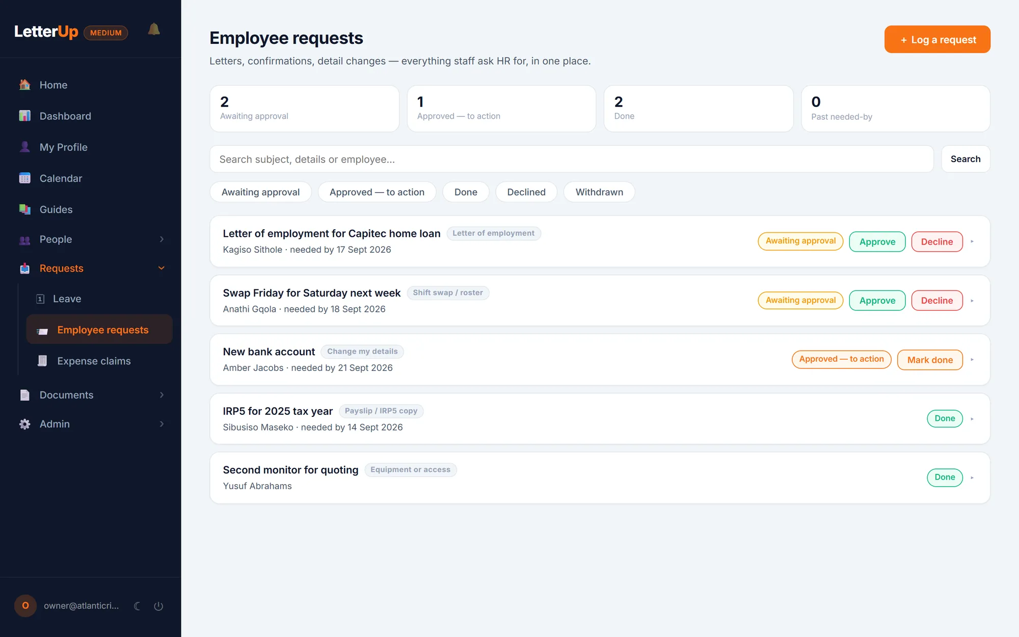 The staff requests inbox: a letter of employment for a bank, a shift swap, a bank-detail change and an IRP5 copy, with statuses from awaiting approval to done