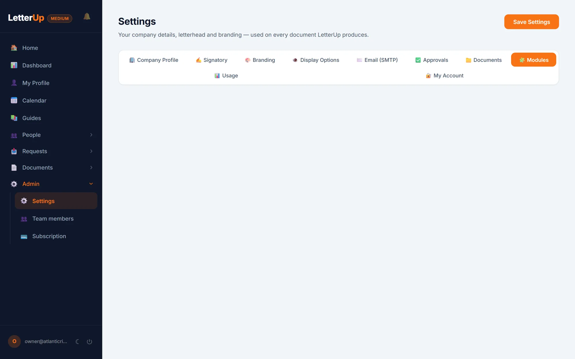 Settings: the module switches for training, claims, assets, requests, checklists, discipline, leavers, payroll export, feed, performance and Ask HR