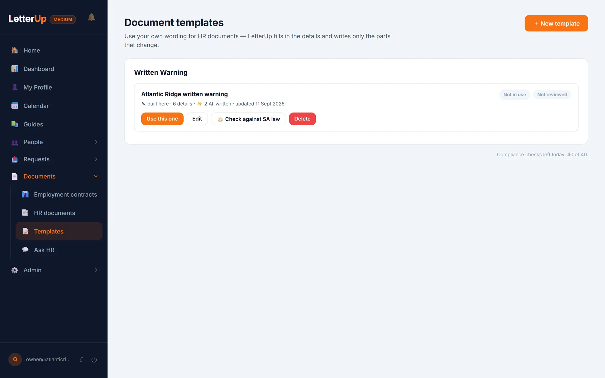 Document templates: the company's own written-warning template, active, with buttons to edit and to check against SA law
