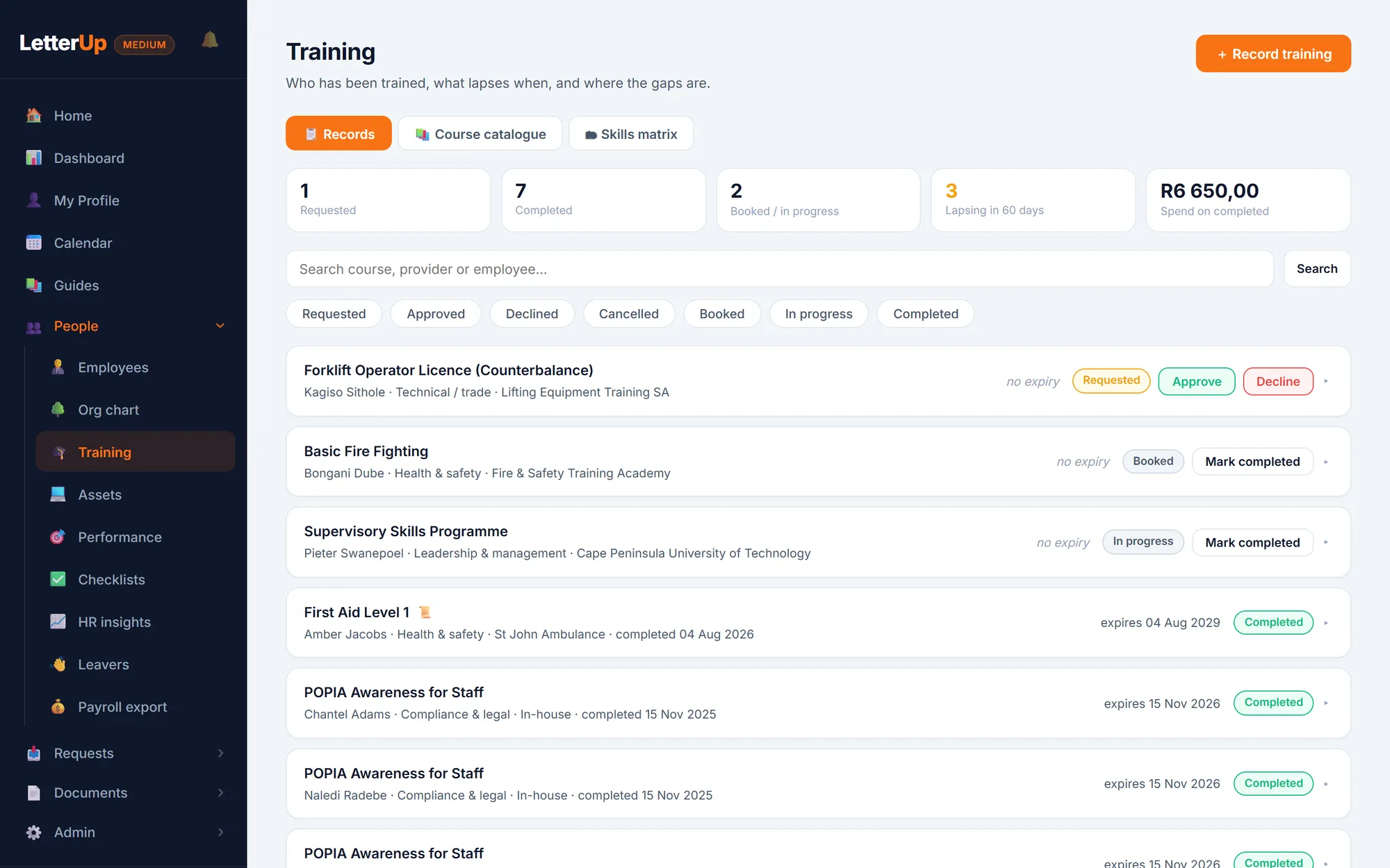 Training records: forklift licence, fire fighting, first aid and POPIA awareness with completion and expiry dates, plus a request awaiting approval